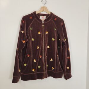 Quacker Factory Brown Velour Zip Up Jacket Embroidered Leaves MEDIUM